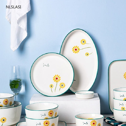 Creativity Cute Daisy Pattern Ceramic Plate Dish Home Kitchenware Dinner Salad Cake Dessert Dish Decorations Christmas Gifts